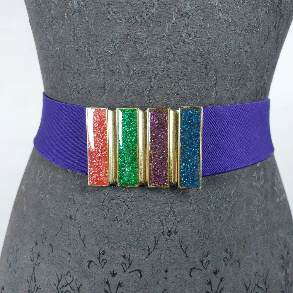 Vintage 80s Stretch Belt Enamel Glitter Bar Buckle‎ Purple Elastic 2